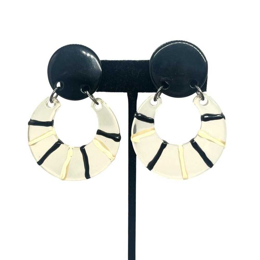 VINTAGE LUCITE EARRINGS Black White Striped Hoop Clip On 80s